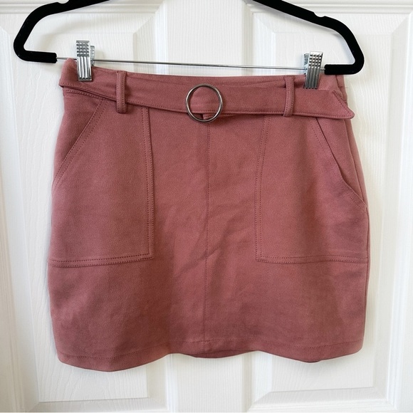 ASOS Bershka Faux Suede Utility Mini Skirt High Rise Belted Mauve Pink Women's L - Picture 3 of 6